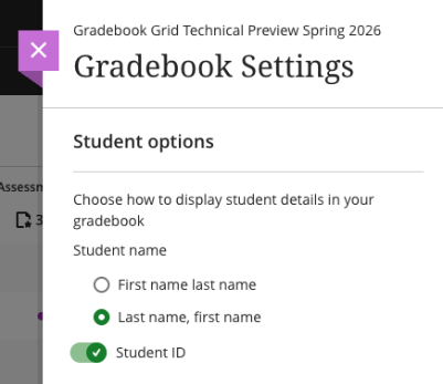 Screenshot of Gradebook settings showing Student Options on how to display student details.