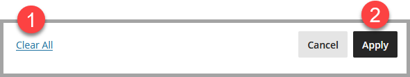 Screenshot of process to clear filters by selecting 1. Clear all then 2. Apply. 