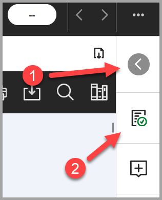 Screenshot of mark view showing the feedback panel with 1 expand feedback panel and 2 originality report button.