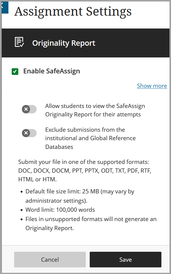 Screenshot of SafeAssign settings within a Blackboard Assignment with Enable SafeAssign checkbox ticked.