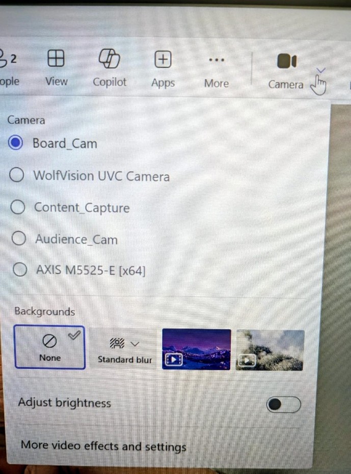 Shows the interface of the noted camera options from Teams.