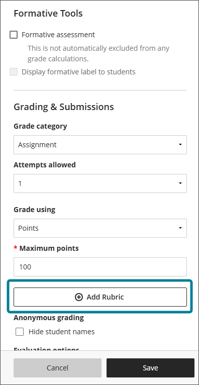 The Assignment Settings panel, with a large button that says Add Rubric