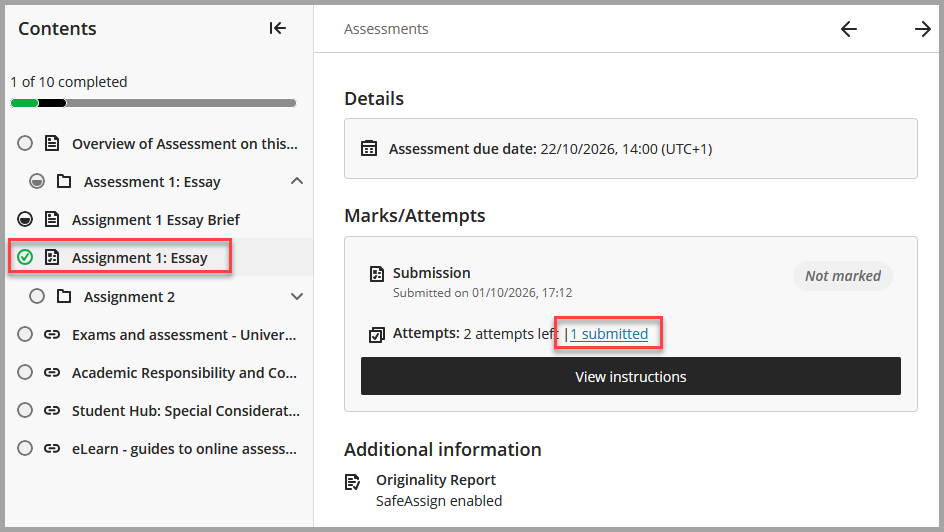 Screenshot of assignment link showing green tick on progress tracking and 1 submitted assignment.