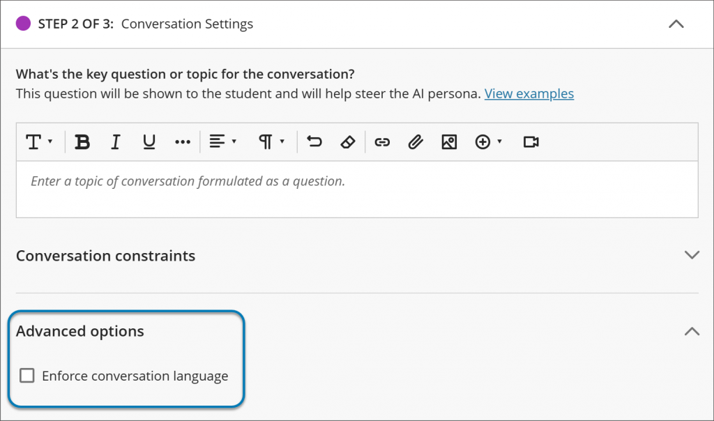 Conversations Settings menu in AI Conversation. Under the label Conversation Constraints there is an Advanced options label with a check box labeled Enforce conversation language. The box is unchecked. A blue box highlights the Advanced options section.