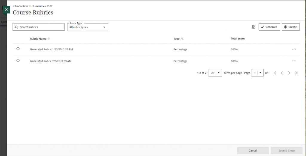 The full Course Rubrics page, where the instructor can access, edit, delete, or export existing rubrics as well as create, generate, import rubrics.